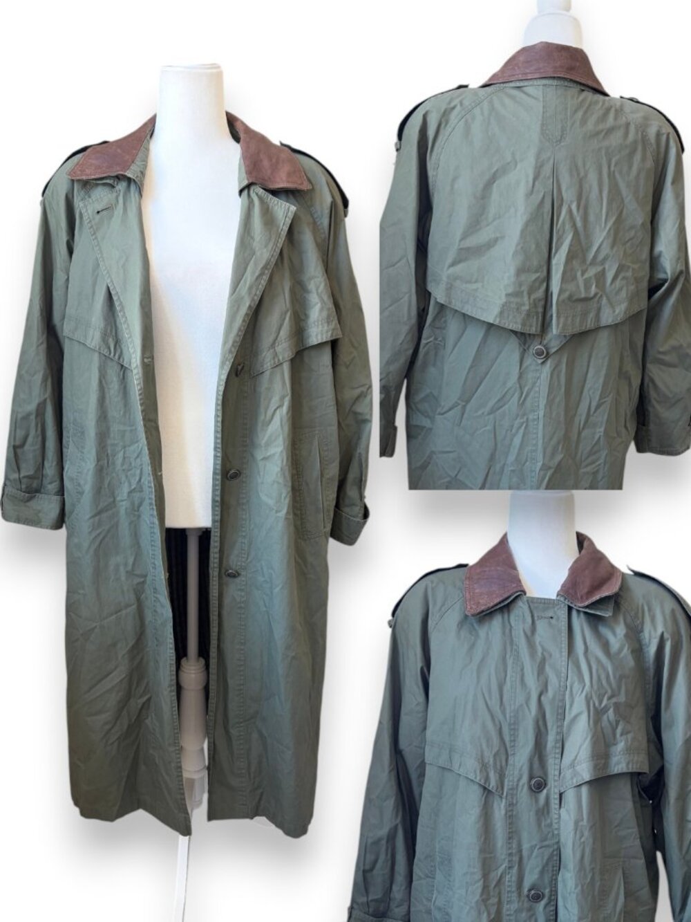 Vintage J Gallery Olive Green Long Trench Coat with Brown Leather Collar Size 12